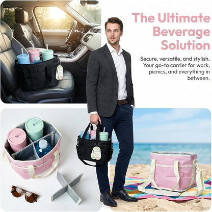 Family Size 4 Compartment Drink Bag, Hands-Free Drink Carrier Bag from Tipping Over, Compartment Portable Insulated Tote Bags for Moms & Iced Coffee Enthusiasts, Work, Beach