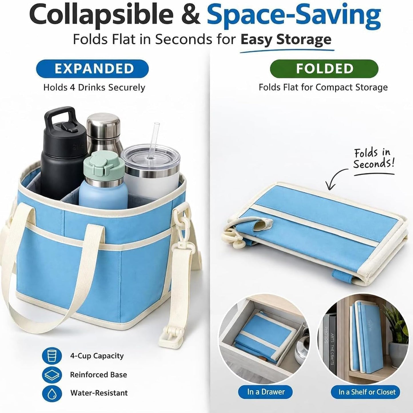Family Size 4 Compartment Drink Bag, Hands-Free Drink Carrier Bag from Tipping Over, Compartment Portable Insulated Tote Bags for Moms & Iced Coffee Enthusiasts, Work, Beach