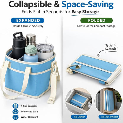 Family Size 4 Compartment Drink Bag, Hands-Free Drink Carrier Bag from Tipping Over, Compartment Portable Insulated Tote Bags for Moms & Iced Coffee Enthusiasts, Work, Beach