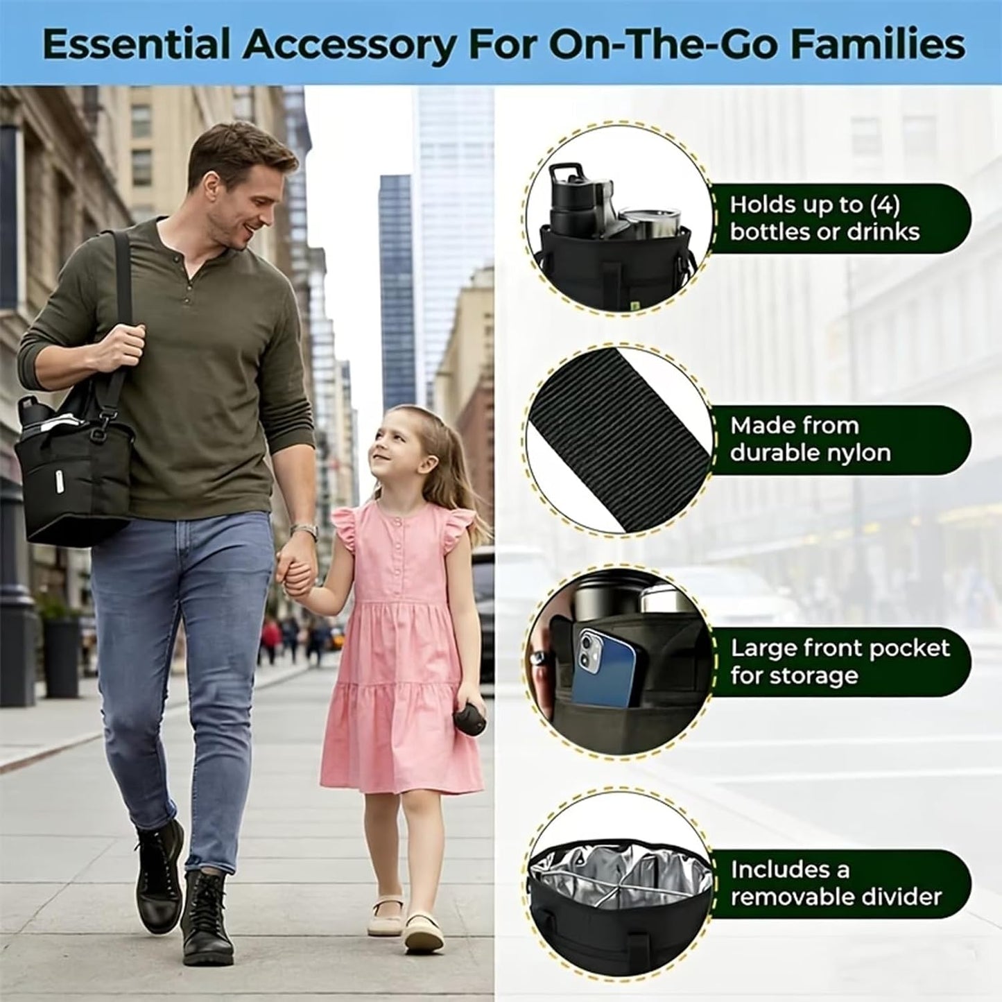 Family Size 4 Compartment Drink Bag, Hands-Free Drink Carrier Bag from Tipping Over, Compartment Portable Insulated Tote Bags for Moms & Iced Coffee Enthusiasts, Work, Beach