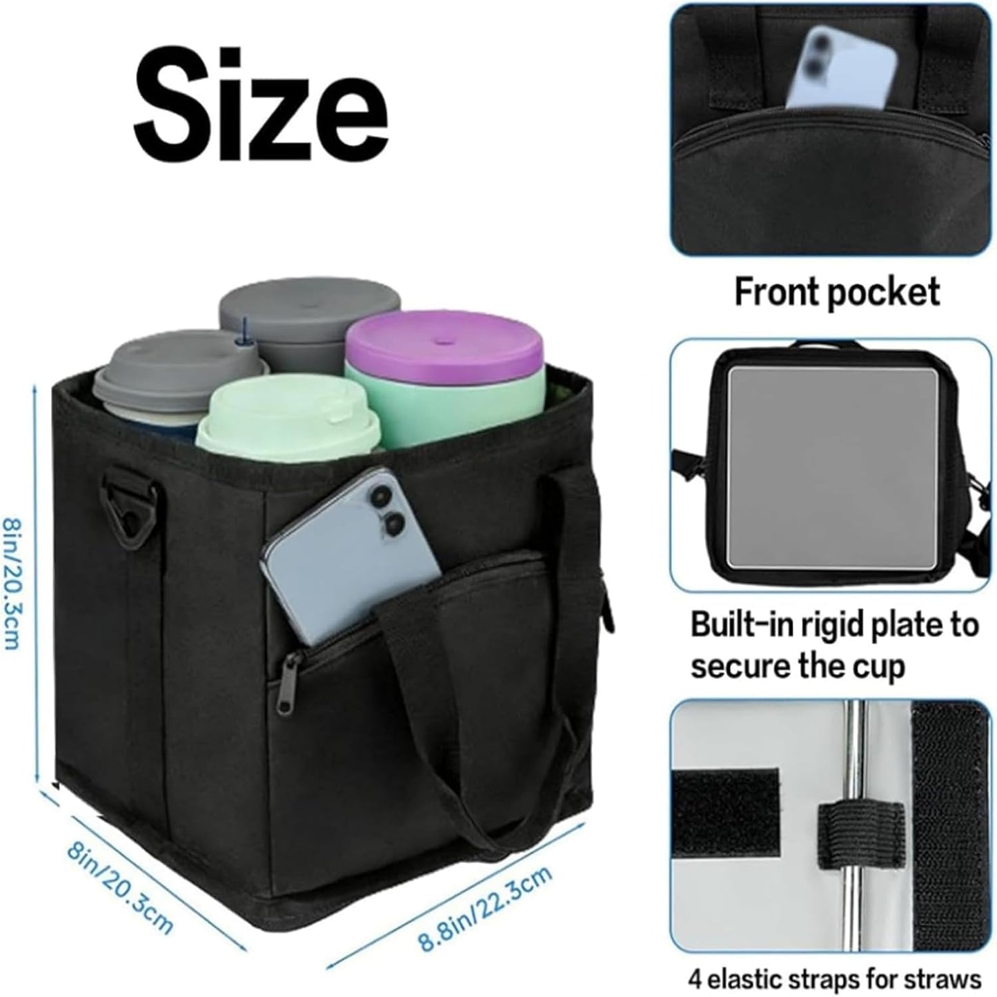 Family Size 4 Compartment Drink Bag, Hands-Free Drink Carrier Bag from Tipping Over, Compartment Portable Insulated Tote Bags for Moms & Iced Coffee Enthusiasts, Work, Beach