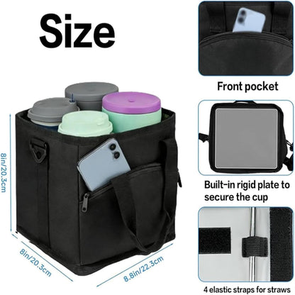 Family Size 4 Compartment Drink Bag, Hands-Free Drink Carrier Bag from Tipping Over, Compartment Portable Insulated Tote Bags for Moms & Iced Coffee Enthusiasts, Work, Beach