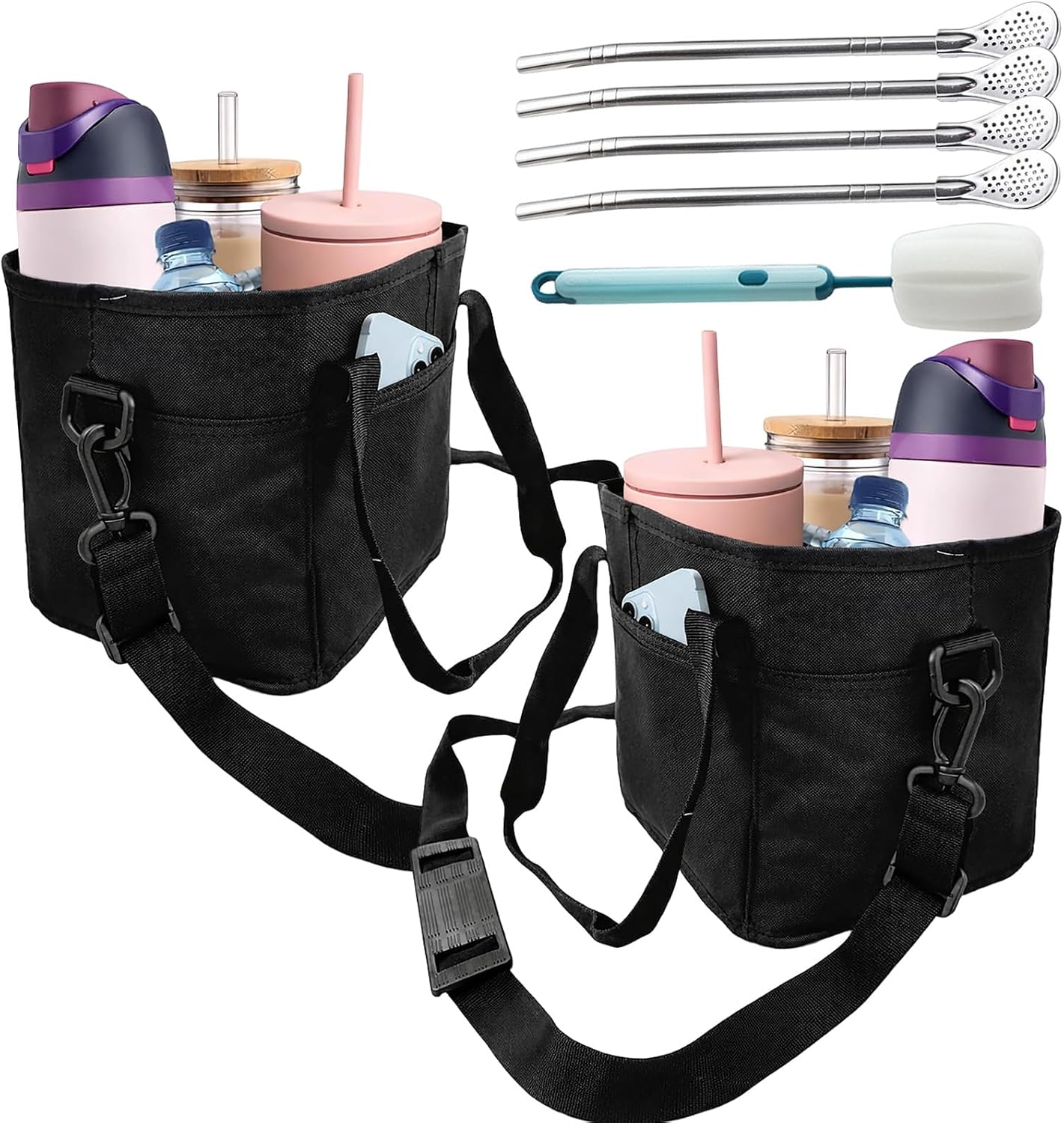 Family Size 4 Compartment Drink Bag, Hands-Free Drink Carrier Bag from Tipping Over, Compartment Portable Insulated Tote Bags for Moms & Iced Coffee Enthusiasts, Work, Beach