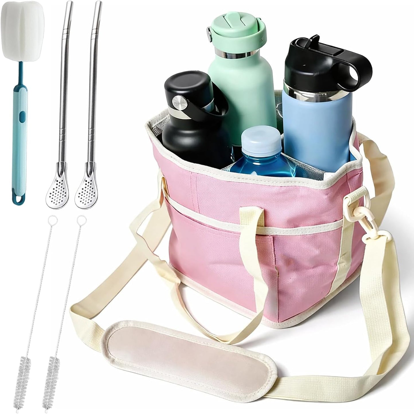 Family Size 4 Compartment Drink Bag, Hands-Free Drink Carrier Bag from Tipping Over, Compartment Portable Insulated Tote Bags for Moms & Iced Coffee Enthusiasts, Work, Beach