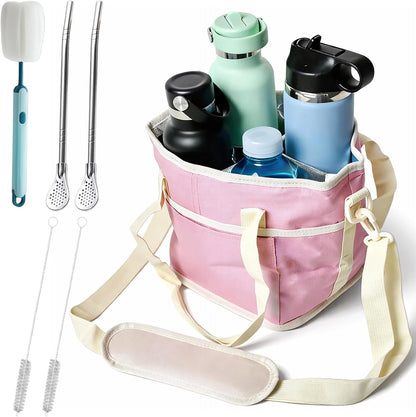 Family Size 4 Compartment Drink Bag, Hands-Free Drink Carrier Bag from Tipping Over, Compartment Portable Insulated Tote Bags for Moms & Iced Coffee Enthusiasts, Work, Beach