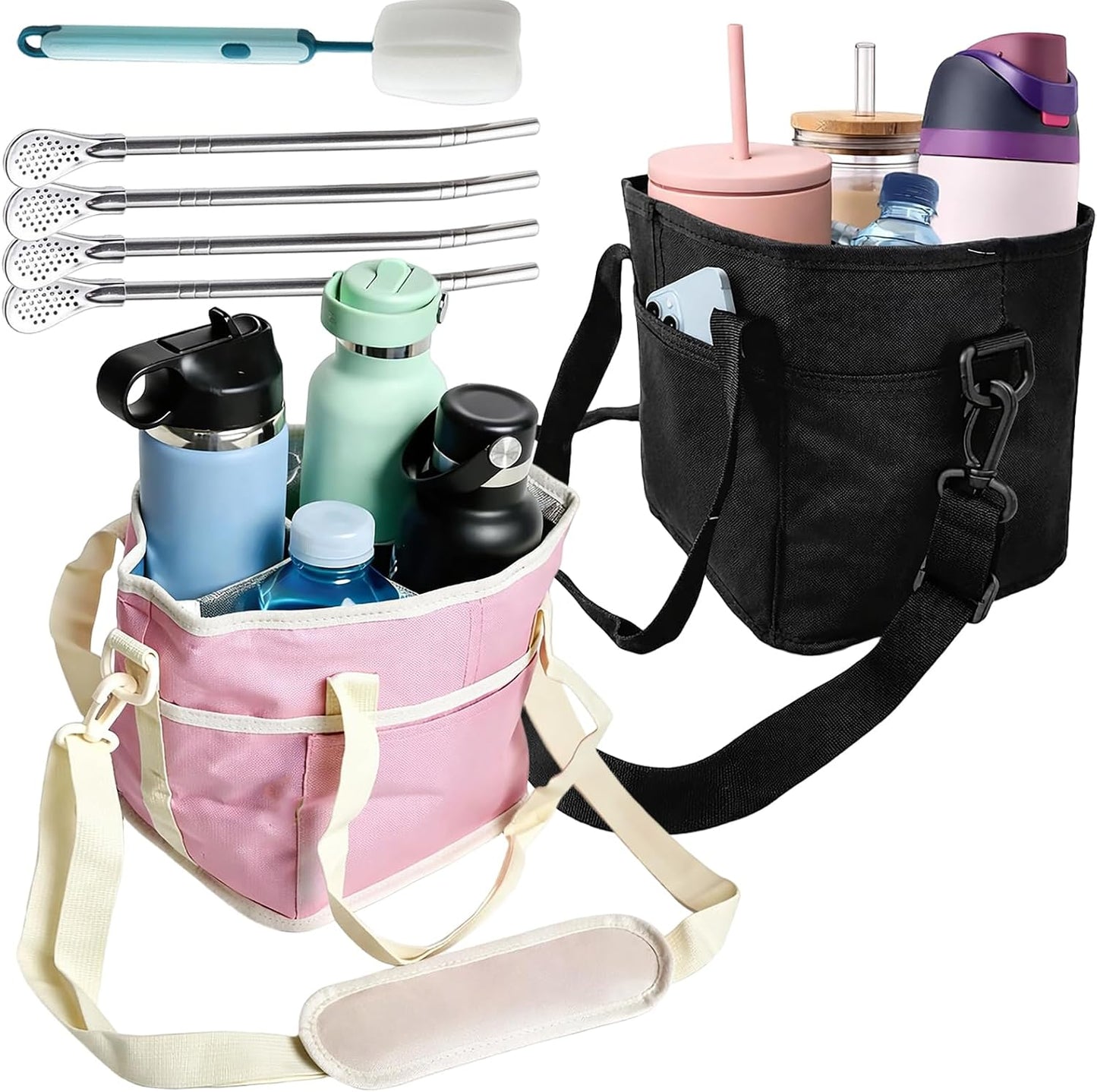 Family Size 4 Compartment Drink Bag, Hands-Free Drink Carrier Bag from Tipping Over, Compartment Portable Insulated Tote Bags for Moms & Iced Coffee Enthusiasts, Work, Beach