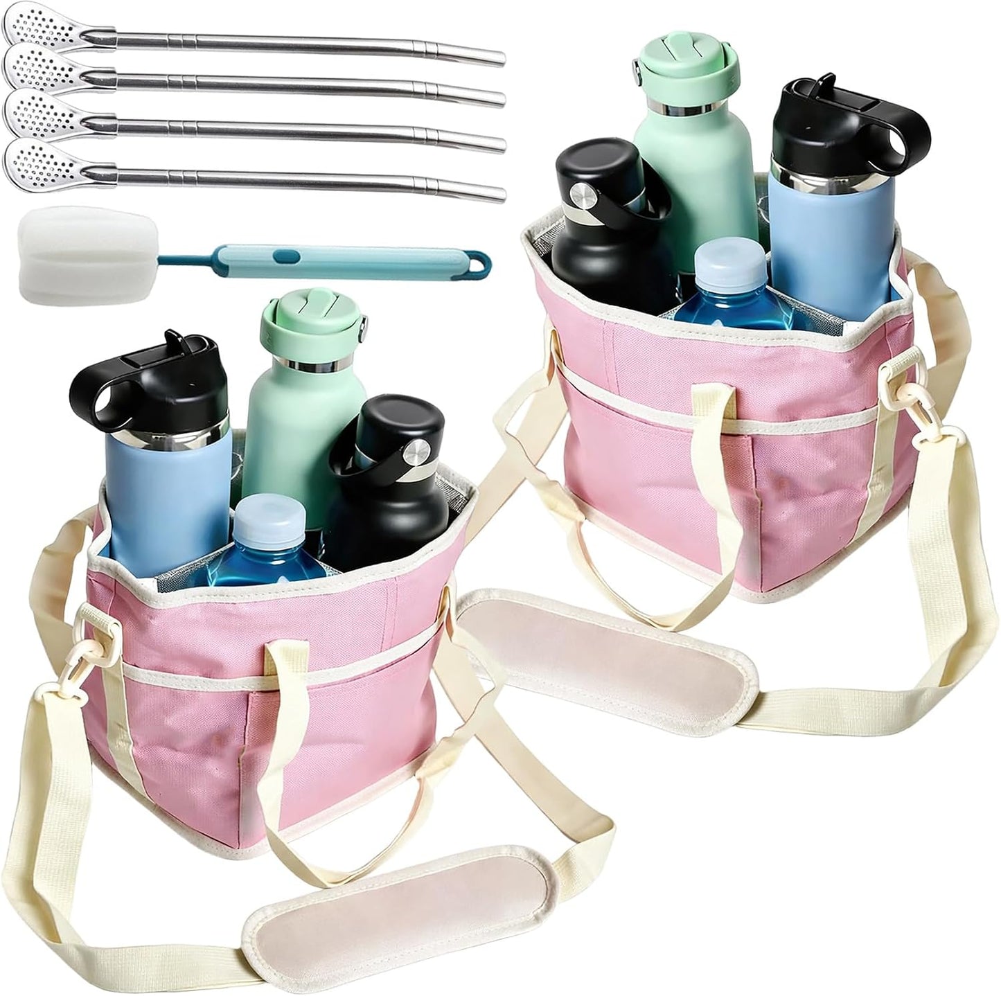 Family Size 4 Compartment Drink Bag, Hands-Free Drink Carrier Bag from Tipping Over, Compartment Portable Insulated Tote Bags for Moms & Iced Coffee Enthusiasts, Work, Beach