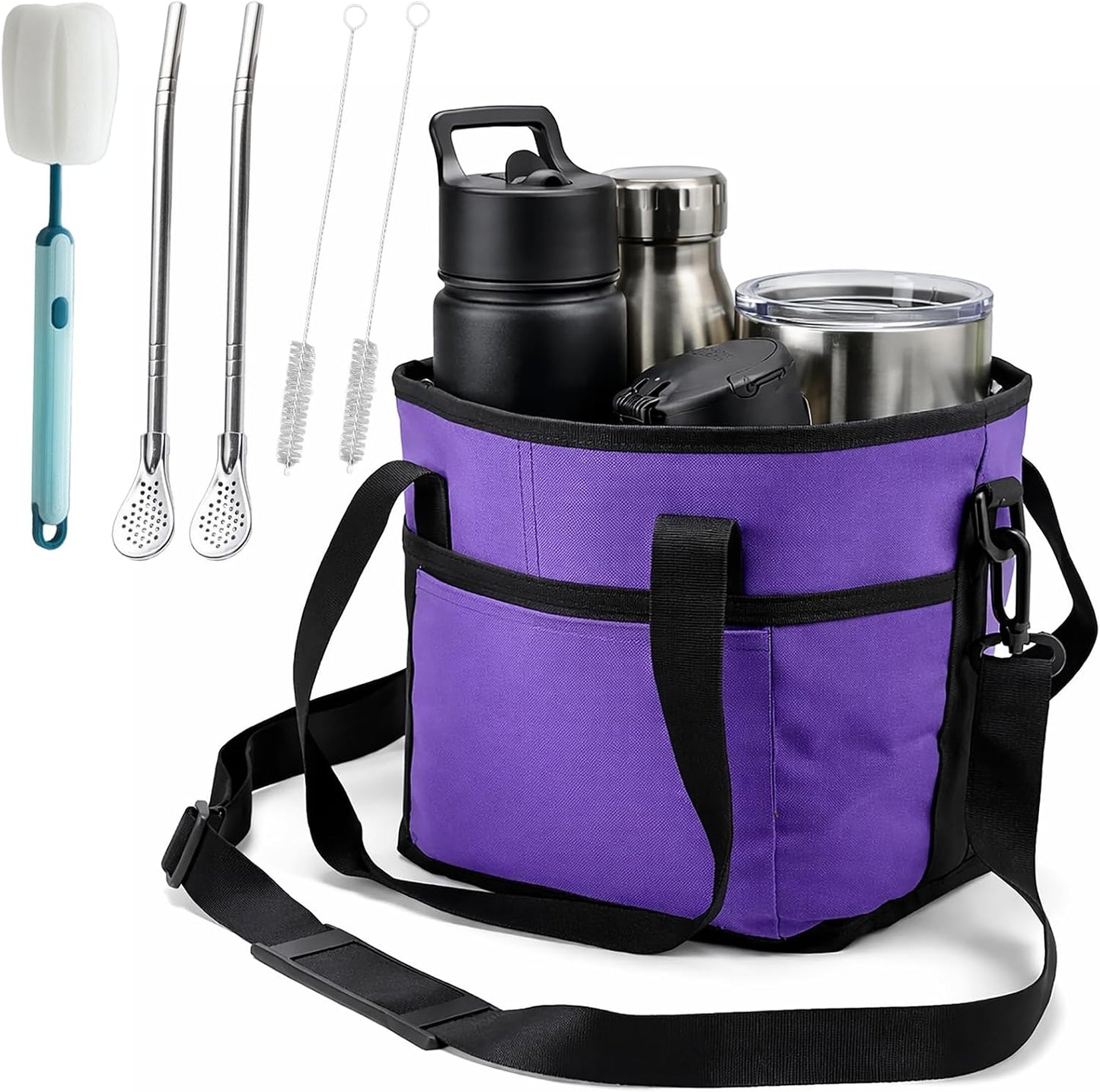 Family Size 4 Compartment Drink Bag, Hands-Free Drink Carrier Bag from Tipping Over, Compartment Portable Insulated Tote Bags for Moms & Iced Coffee Enthusiasts, Work, Beach