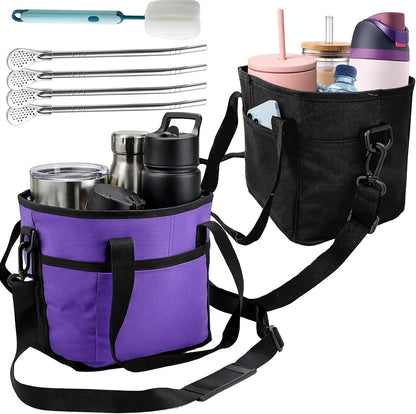 Family Size 4 Compartment Drink Bag, Hands-Free Drink Carrier Bag from Tipping Over, Compartment Portable Insulated Tote Bags for Moms & Iced Coffee Enthusiasts, Work, Beach