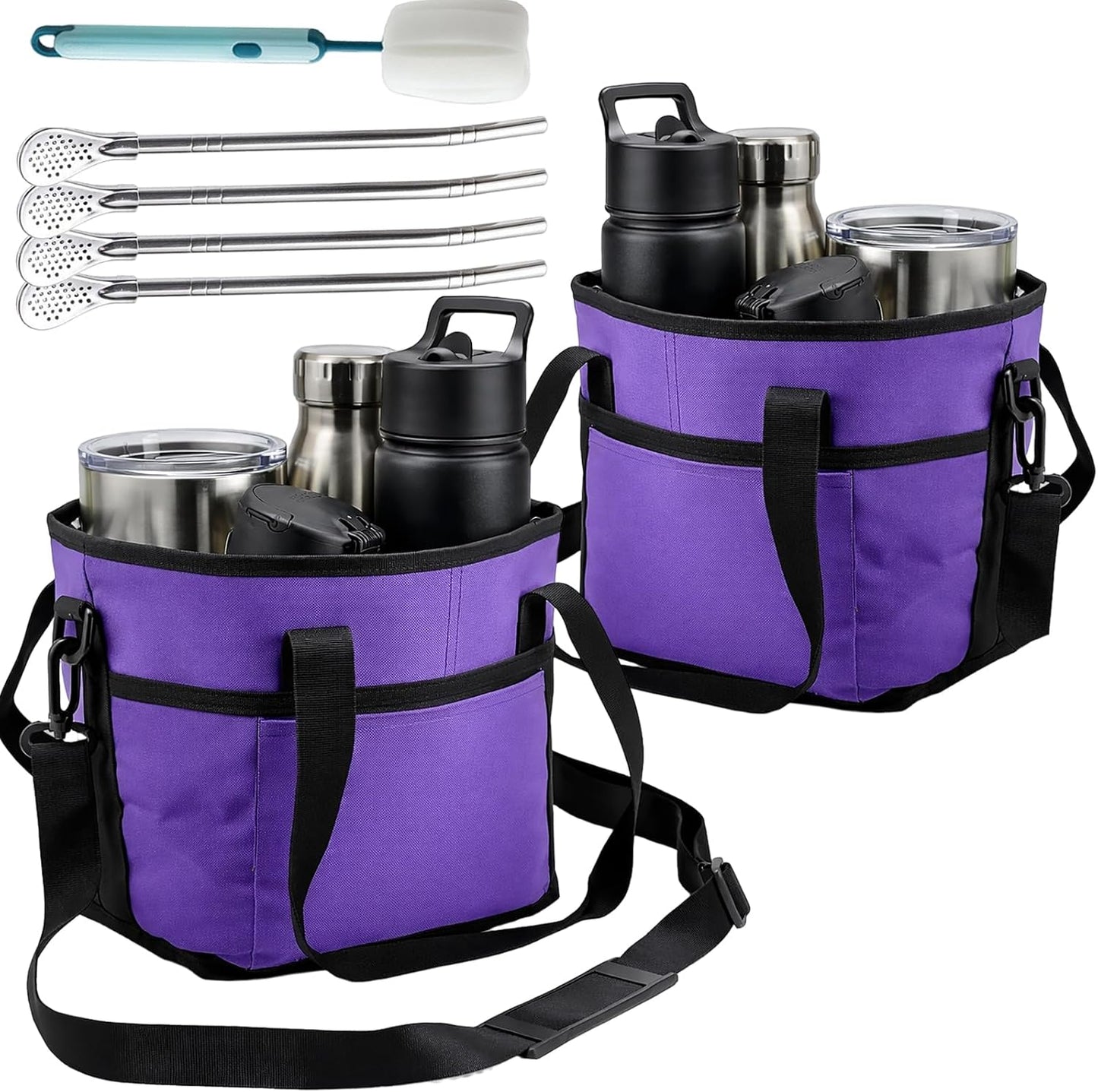 Family Size 4 Compartment Drink Bag, Hands-Free Drink Carrier Bag from Tipping Over, Compartment Portable Insulated Tote Bags for Moms & Iced Coffee Enthusiasts, Work, Beach