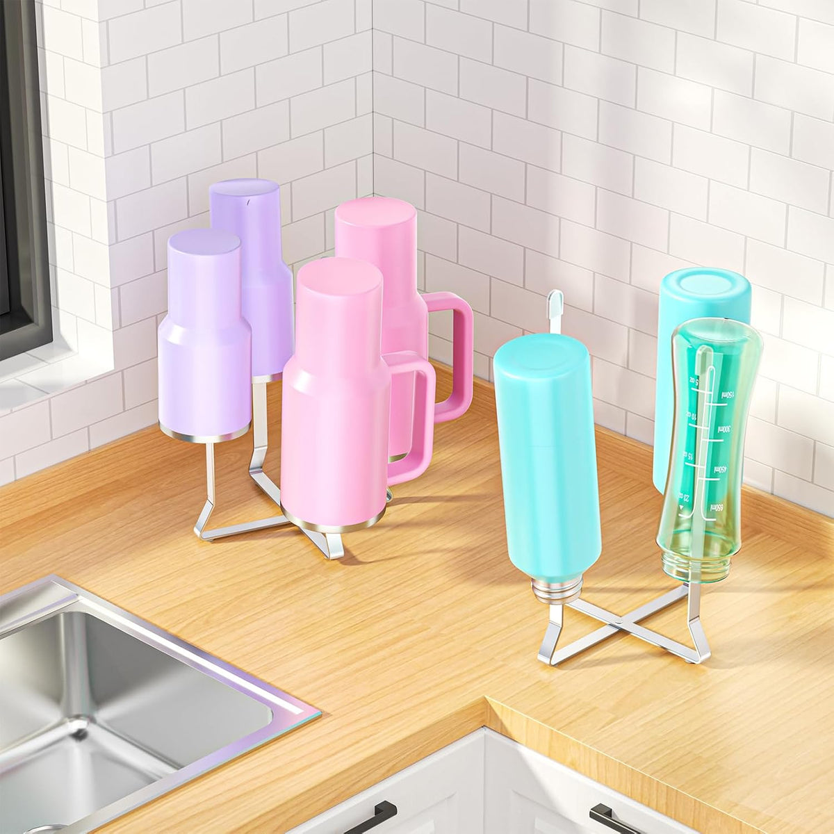 Foldable Water Bottle Drying Rack, Stainless Steel Tumbler Dryer Stand for Kitchen Counter, Multifunctional Space-Saving Cup Drainer for Bottles, Baby Bottles, Glasses & Reusable Bag (Silver)