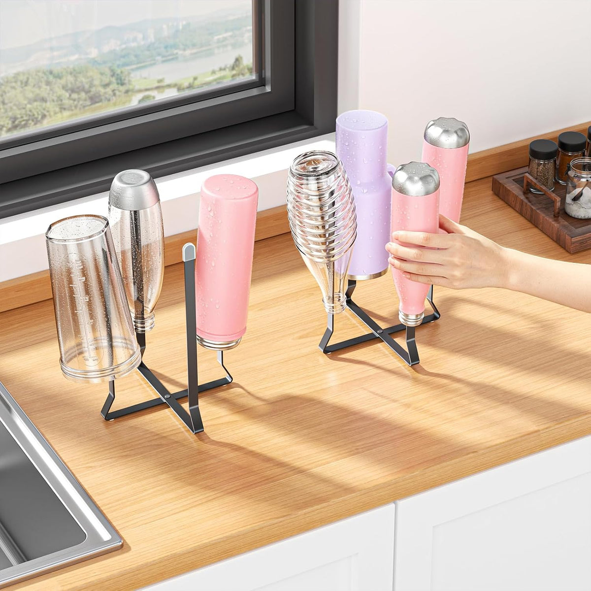 Foldable Water Bottle Drying Rack, Stainless Steel Tumbler Dryer Stand for Kitchen Counter, Multifunctional Space-Saving Cup Drainer for Bottles, Baby Bottles, Glasses & Reusable Bag (Silver)