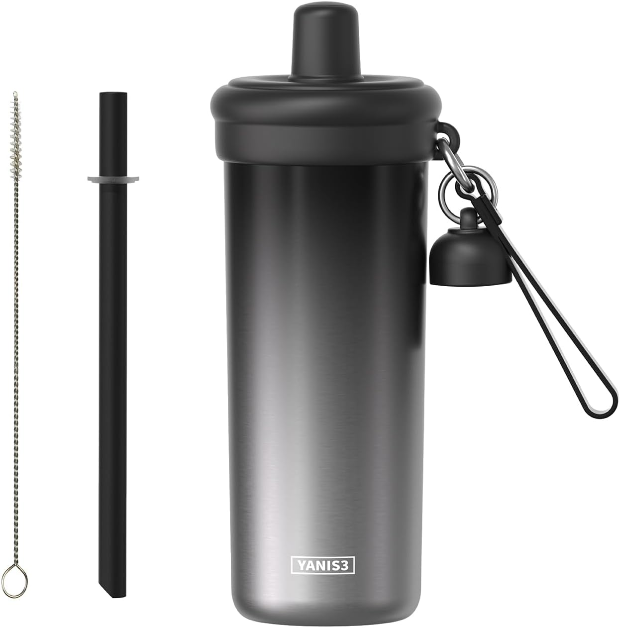 20 oz Thermo Cup with Straw, Thermal Insulated Car Cups with Hand Strap, Stainless Steel Cups with Leak-Proof Lid, Insulated Tumbler Ideal for Office, Travel and Outdoor Use (Black)
