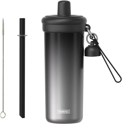 20 oz Thermo Cup with Straw, Thermal Insulated Car Cups with Hand Strap, Stainless Steel Cups with Leak-Proof Lid, Insulated Tumbler Ideal for Office, Travel and Outdoor Use (Black)