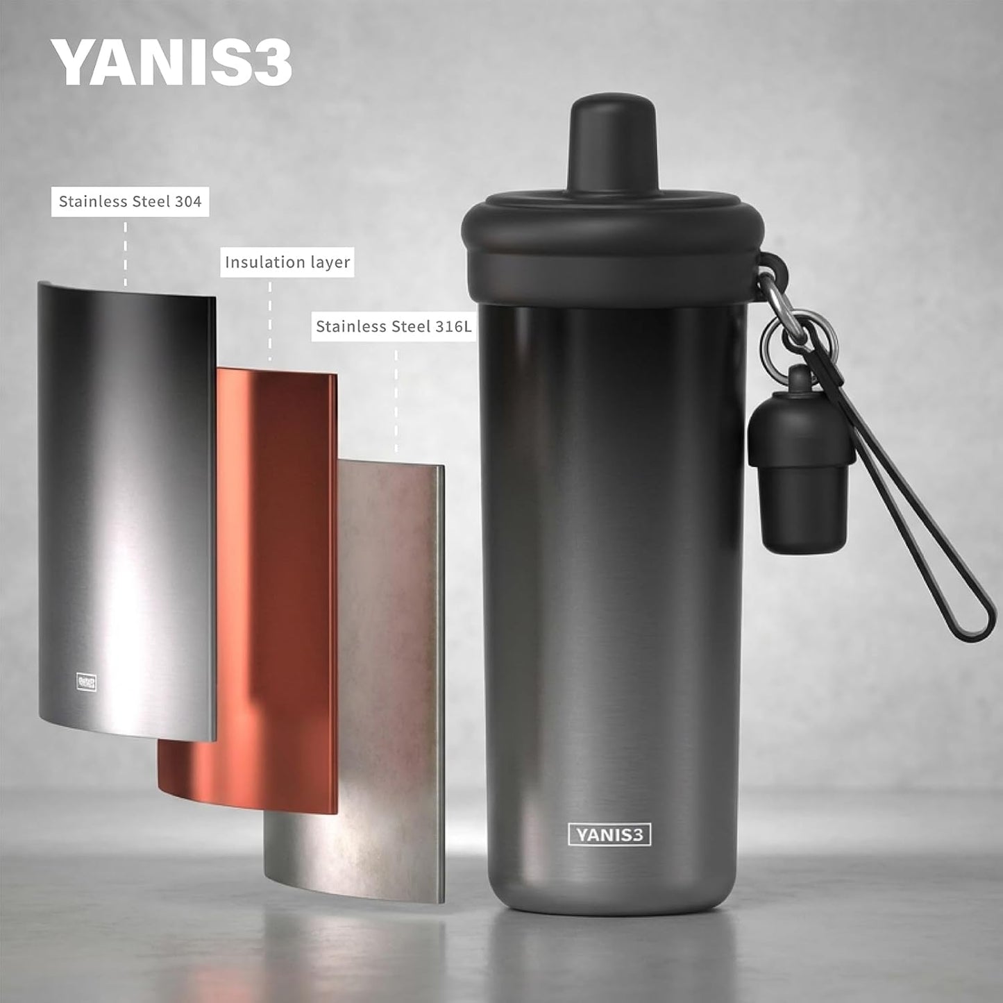 20 oz Thermo Cup with Straw, Thermal Insulated Car Cups with Hand Strap, Stainless Steel Cups with Leak-Proof Lid, Insulated Tumbler Ideal for Office, Travel and Outdoor Use (Black)