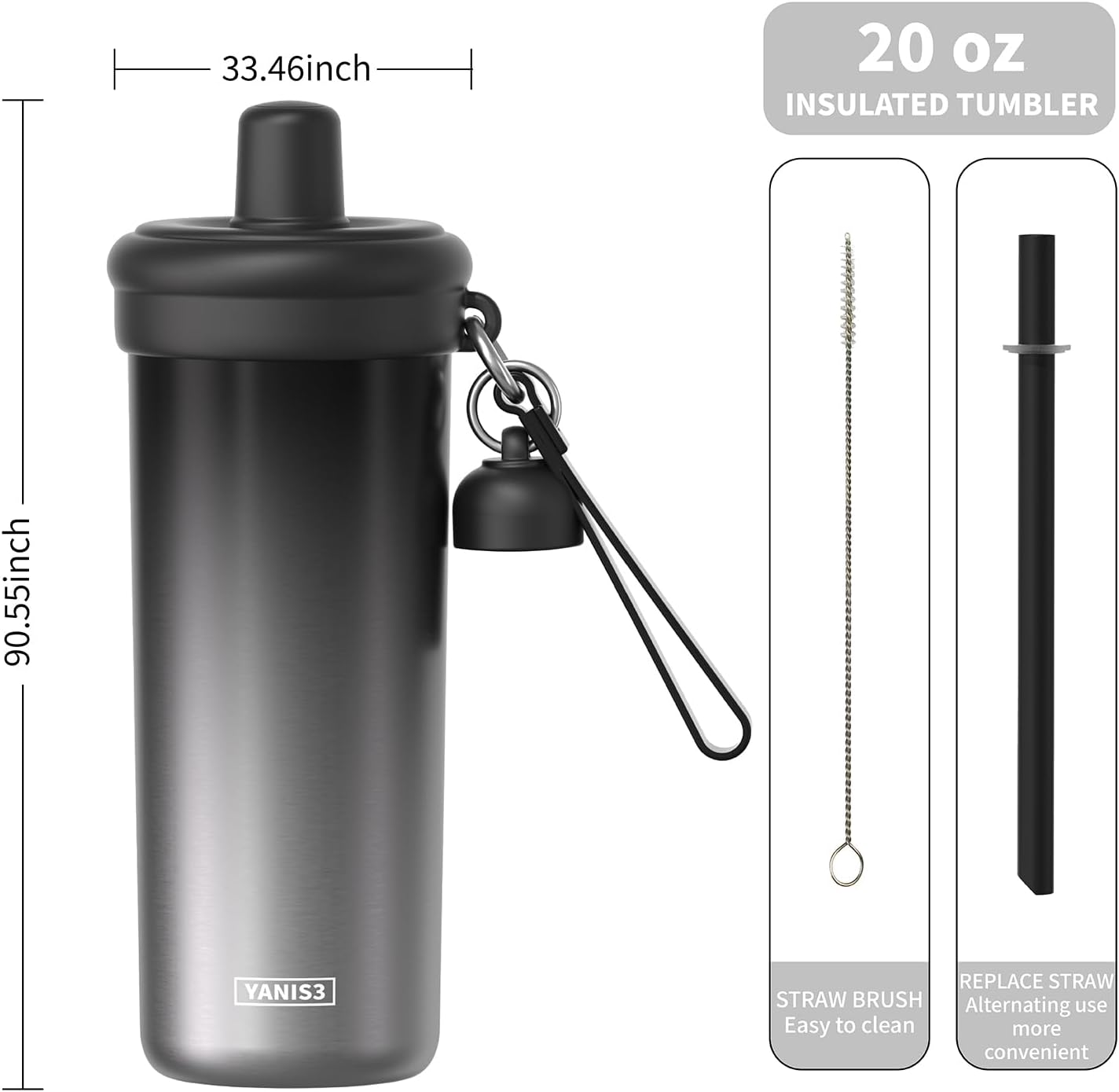 20 oz Thermo Cup with Straw, Thermal Insulated Car Cups with Hand Strap, Stainless Steel Cups with Leak-Proof Lid, Insulated Tumbler Ideal for Office, Travel and Outdoor Use (Black)