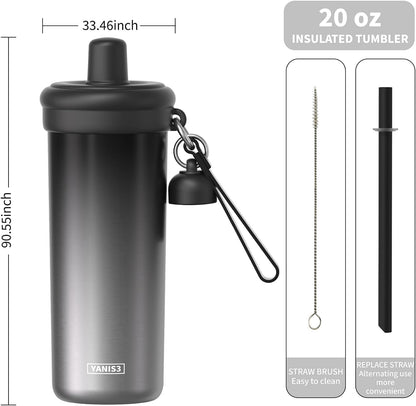 20 oz Thermo Cup with Straw, Thermal Insulated Car Cups with Hand Strap, Stainless Steel Cups with Leak-Proof Lid, Insulated Tumbler Ideal for Office, Travel and Outdoor Use (Black)