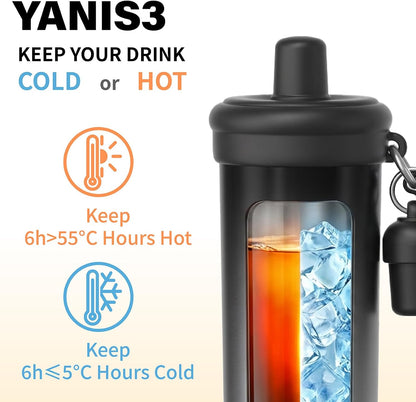 20 oz Thermo Cup with Straw, Thermal Insulated Car Cups with Hand Strap, Stainless Steel Cups with Leak-Proof Lid, Insulated Tumbler Ideal for Office, Travel and Outdoor Use (Black)