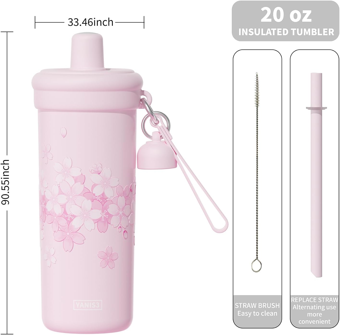 20 oz Thermo Cup with Straw, Thermal Insulated Car Cups with Hand Strap, Stainless Steel Cups with Leak-Proof Lid, Insulated Tumbler Ideal for Office, Travel and Outdoor Use (Black)