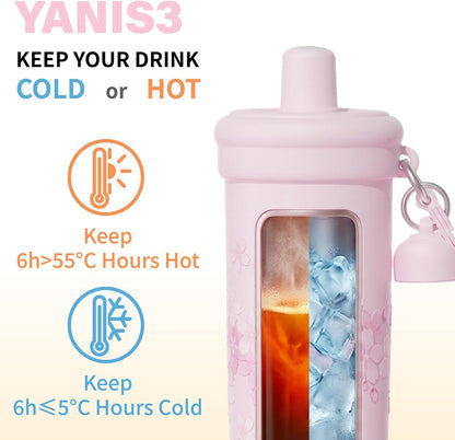20 oz Thermo Cup with Straw, Thermal Insulated Car Cups with Hand Strap, Stainless Steel Cups with Leak-Proof Lid, Insulated Tumbler Ideal for Office, Travel and Outdoor Use (Black)