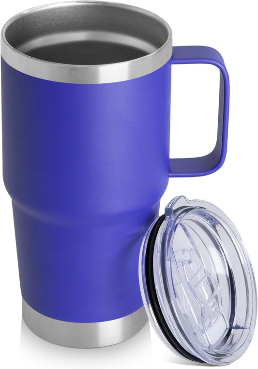 20oz Tumbler with Handle & Lid, Insulated Stainless Steel Travel Mug, Leakproof Cup for Coffee, BPA-Free Double-Wall Vacuum Tumblers for Hot/Cold Drinks, Commuter, Gym, Office, Blue
