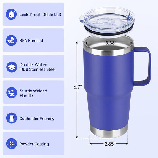 20oz Tumbler with Handle & Lid, Insulated Stainless Steel Travel Mug, Leakproof Cup for Coffee, BPA-Free Double-Wall Vacuum Tumblers for Hot/Cold Drinks, Commuter, Gym, Office, Blue