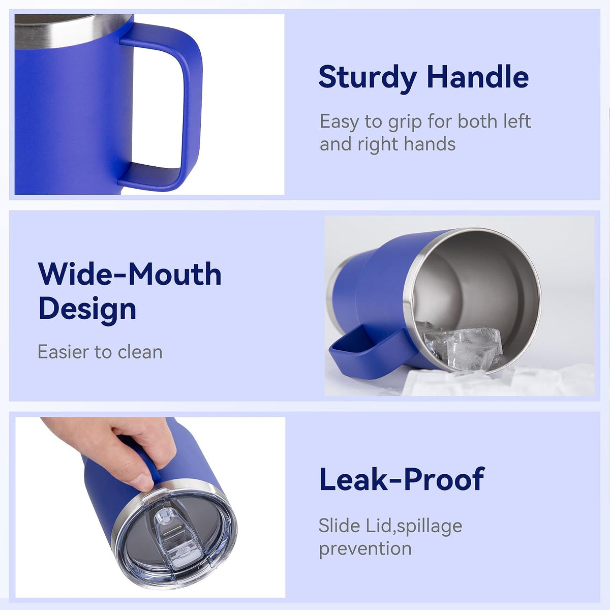 20oz Tumbler with Handle & Lid, Insulated Stainless Steel Travel Mug, Leakproof Cup for Coffee, BPA-Free Double-Wall Vacuum Tumblers for Hot/Cold Drinks, Commuter, Gym, Office, Blue