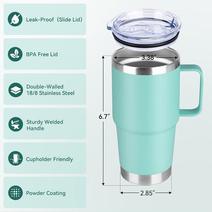 20oz Tumbler with Handle & Lid, Insulated Stainless Steel Travel Mug, Leakproof Cup for Coffee, BPA-Free Double-Wall Vacuum Tumblers for Hot/Cold Drinks, Commuter, Gym, Office, Blue