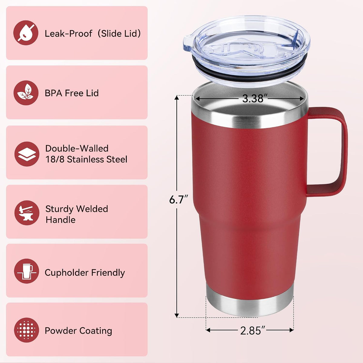 20oz Tumbler with Handle & Lid, Insulated Stainless Steel Travel Mug, Leakproof Cup for Coffee, BPA-Free Double-Wall Vacuum Tumblers for Hot/Cold Drinks, Commuter, Gym, Office, Blue