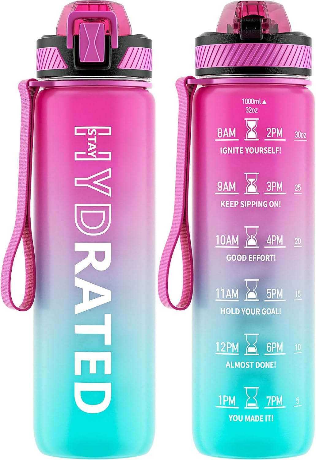 Water Bottle with Straw, 32oz Sports Water Bottles with Time Marker