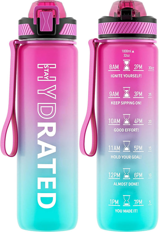 Water Bottle with Straw, 32oz Sports Water Bottles with Time Marker