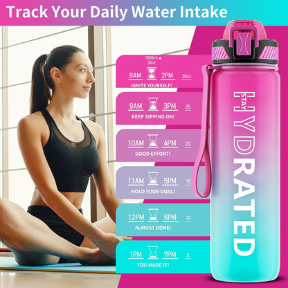 Water Bottle with Straw, 32oz Sports Water Bottles with Time Marker