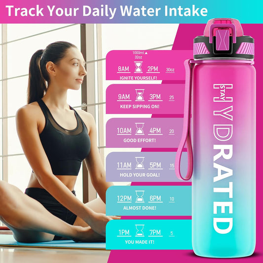 Water Bottle with Straw, 32oz Sports Water Bottles with Time Marker