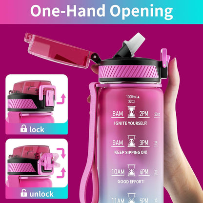 Water Bottle with Straw, 32oz Sports Water Bottles with Time Marker