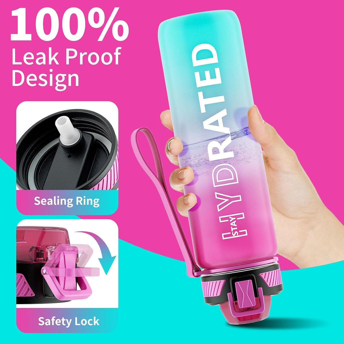 Water Bottle with Straw, 32oz Sports Water Bottles with Time Marker