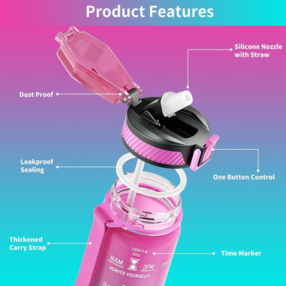 Water Bottle with Straw, 32oz Sports Water Bottles with Time Marker