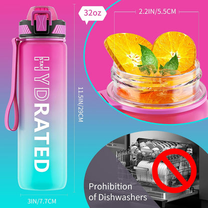 Water Bottle with Straw, 32oz Sports Water Bottles with Time Marker