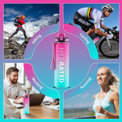 Water Bottle with Straw, 32oz Sports Water Bottles with Time Marker