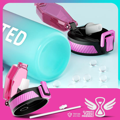 Water Bottle with Straw, 32oz Sports Water Bottles with Time Marker