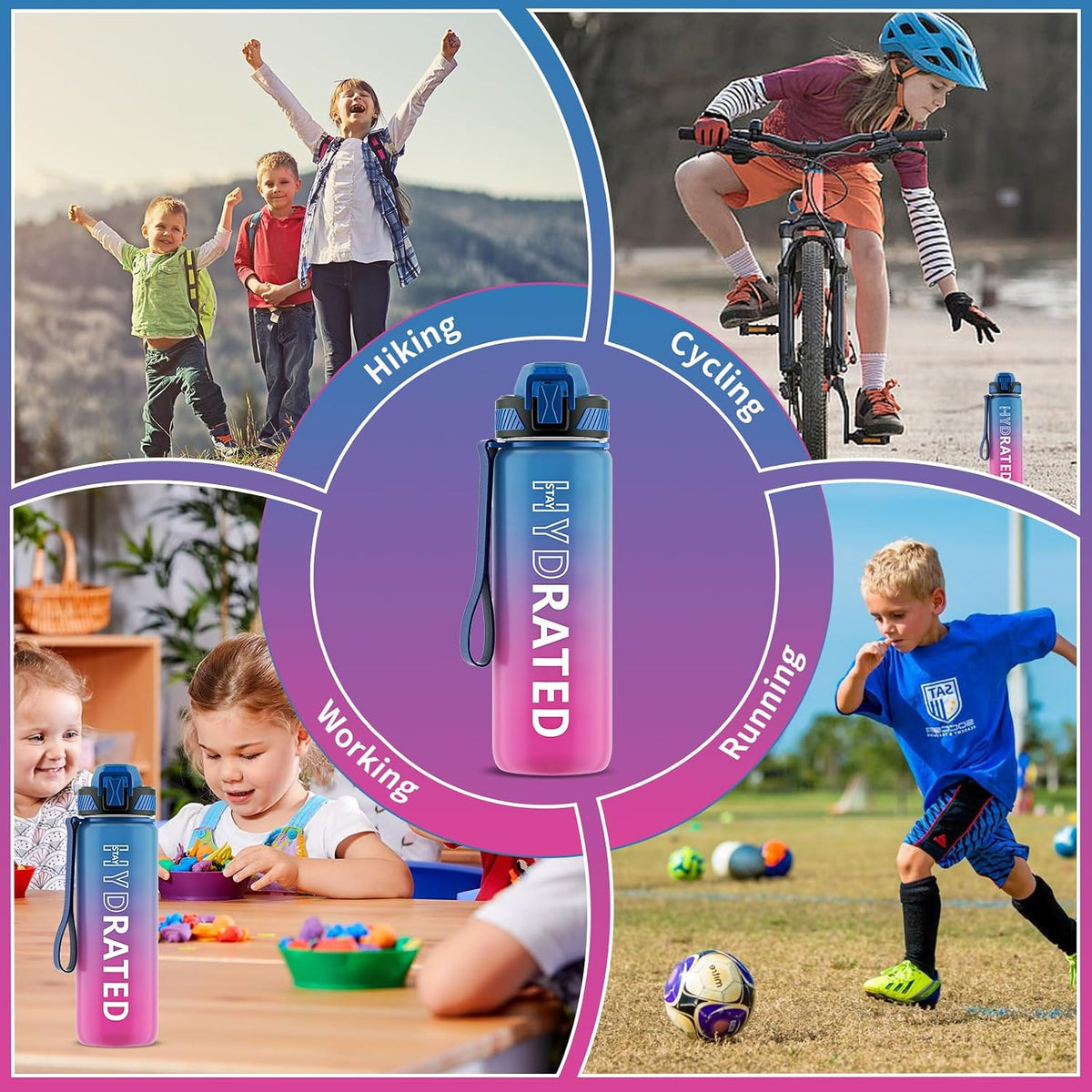 Water Bottle with Straw, 32oz Sports Water Bottles with Time Marker