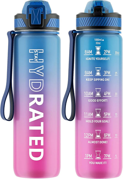 Water Bottle with Straw, 32oz Sports Water Bottles with Time Marker