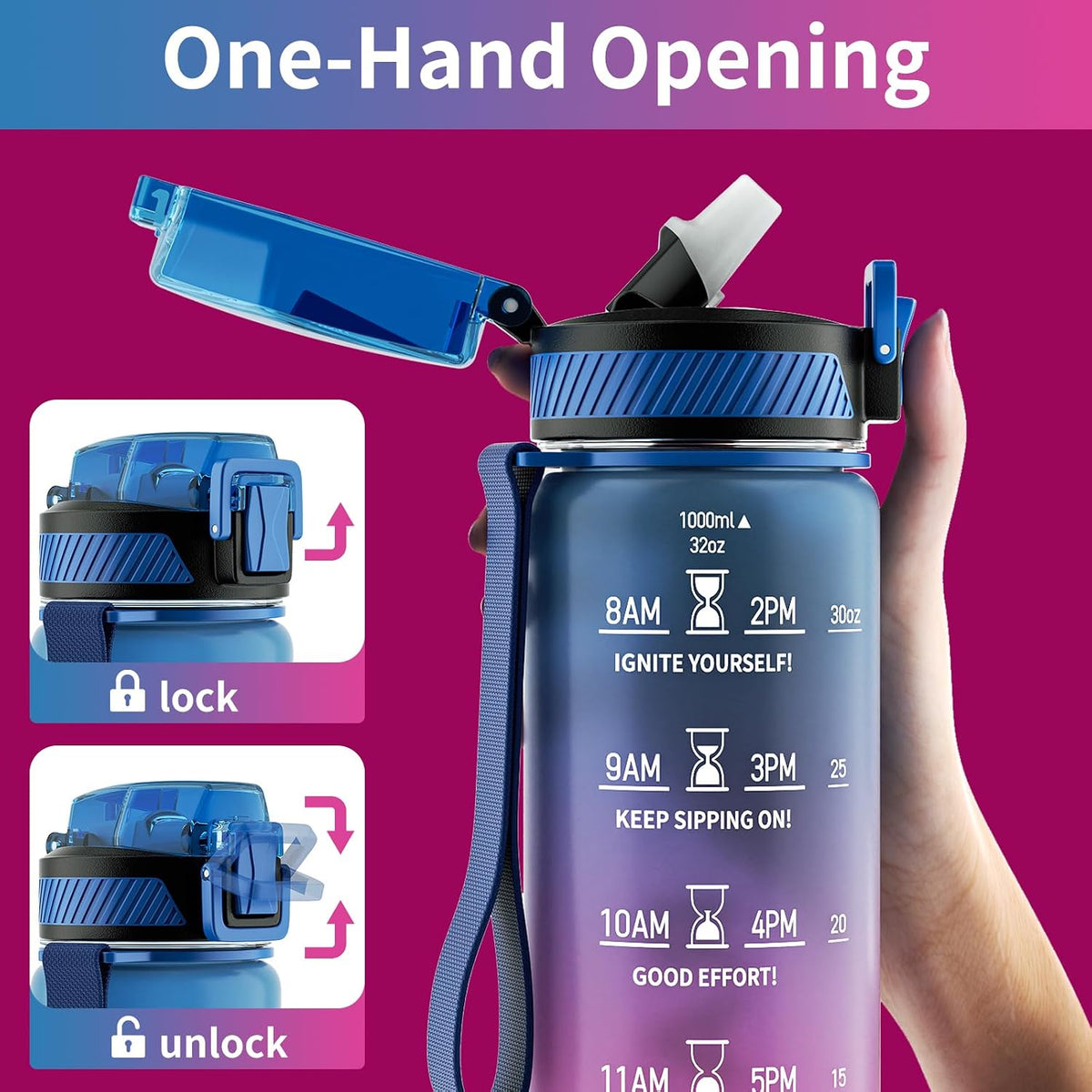 Water Bottle with Straw, 32oz Sports Water Bottles with Time Marker