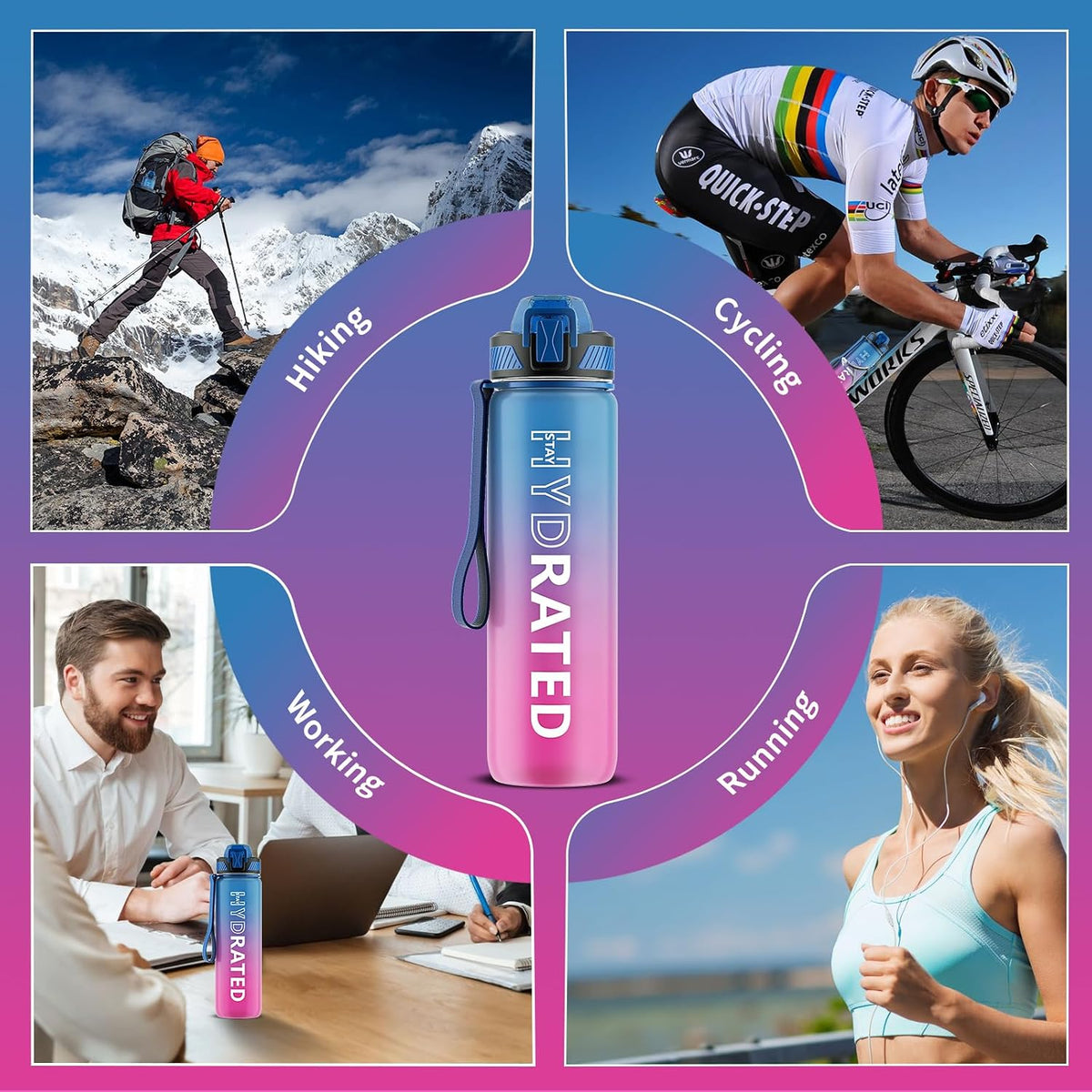 Water Bottle with Straw, 32oz Sports Water Bottles with Time Marker