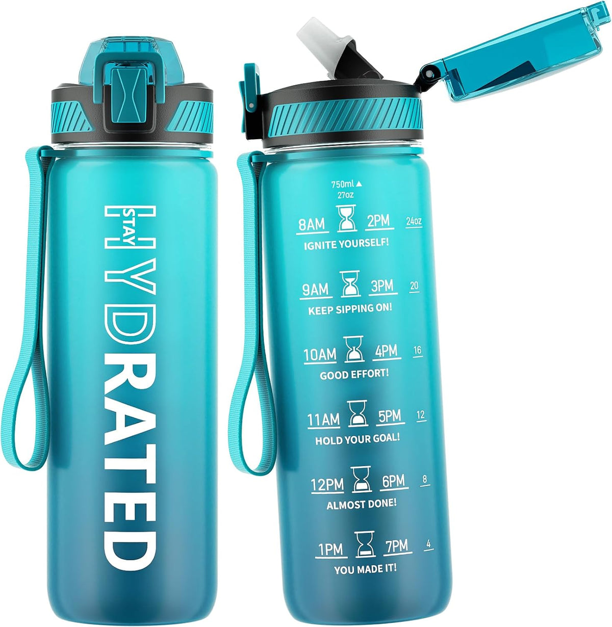 Water Bottle with Straw, 32oz Sports Water Bottles with Time Marker