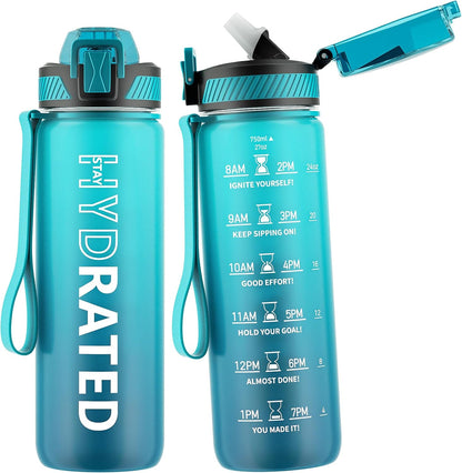 Water Bottle with Straw, 32oz Sports Water Bottles with Time Marker