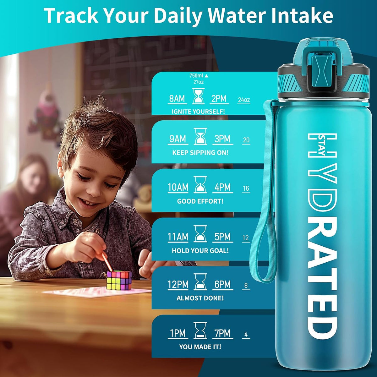 Water Bottle with Straw, 32oz Sports Water Bottles with Time Marker