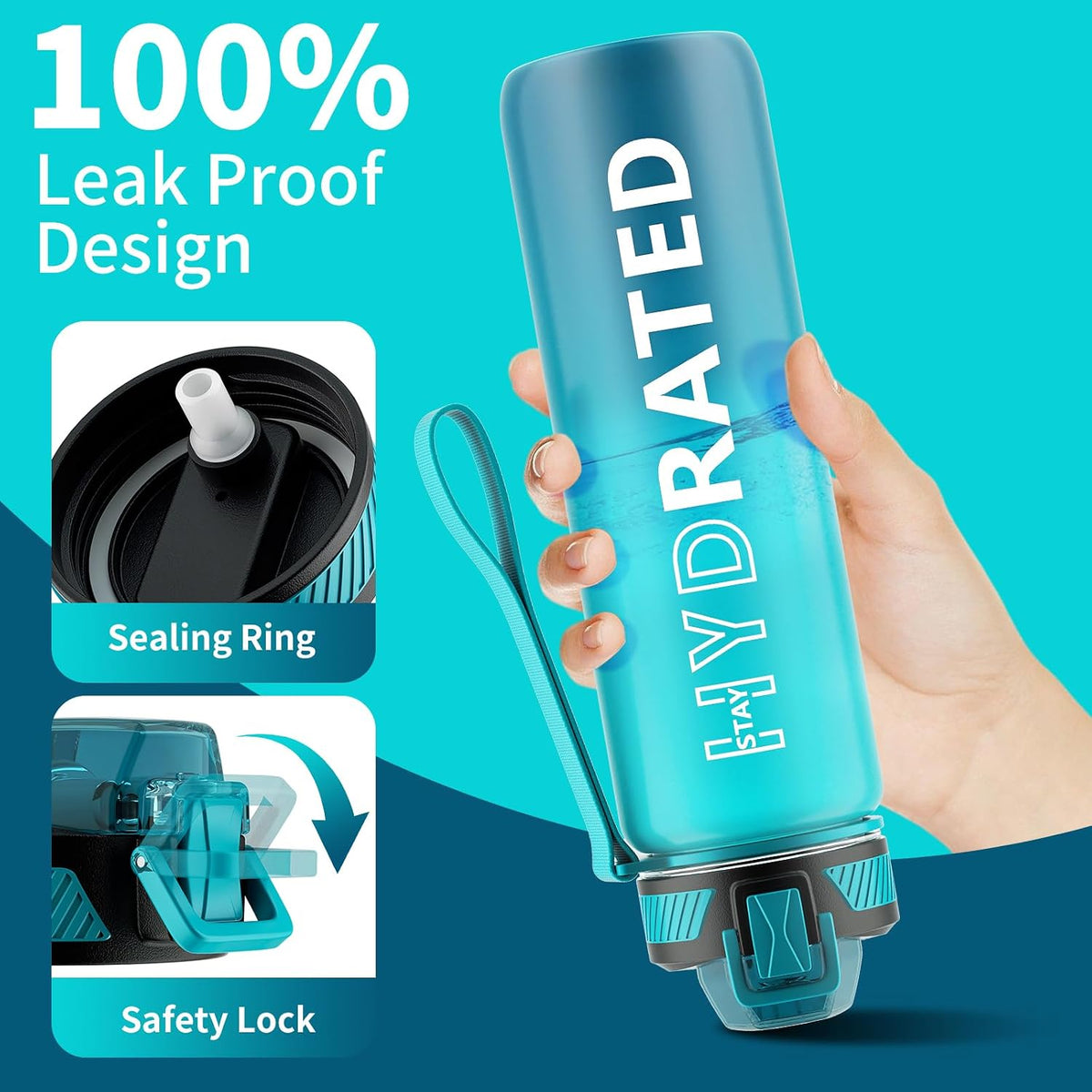 Water Bottle with Straw, 32oz Sports Water Bottles with Time Marker