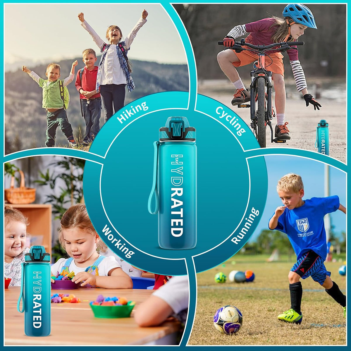 Water Bottle with Straw, 32oz Sports Water Bottles with Time Marker