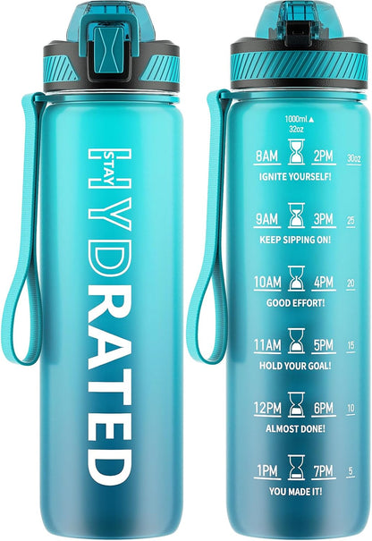 Water Bottle with Straw, 32oz Sports Water Bottles with Time Marker