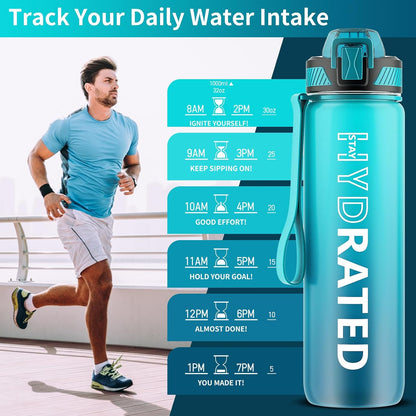 Water Bottle with Straw, 32oz Sports Water Bottles with Time Marker